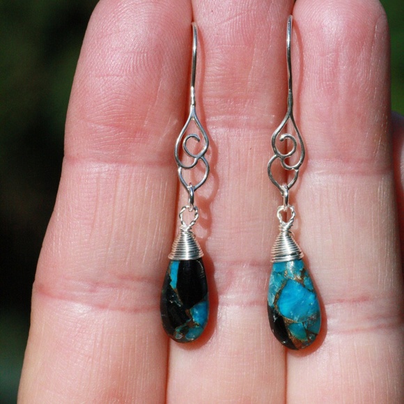 Handcrafted Natural Obsidian Turquoise Earrings Sterling Silver - Picture 2 of 7
